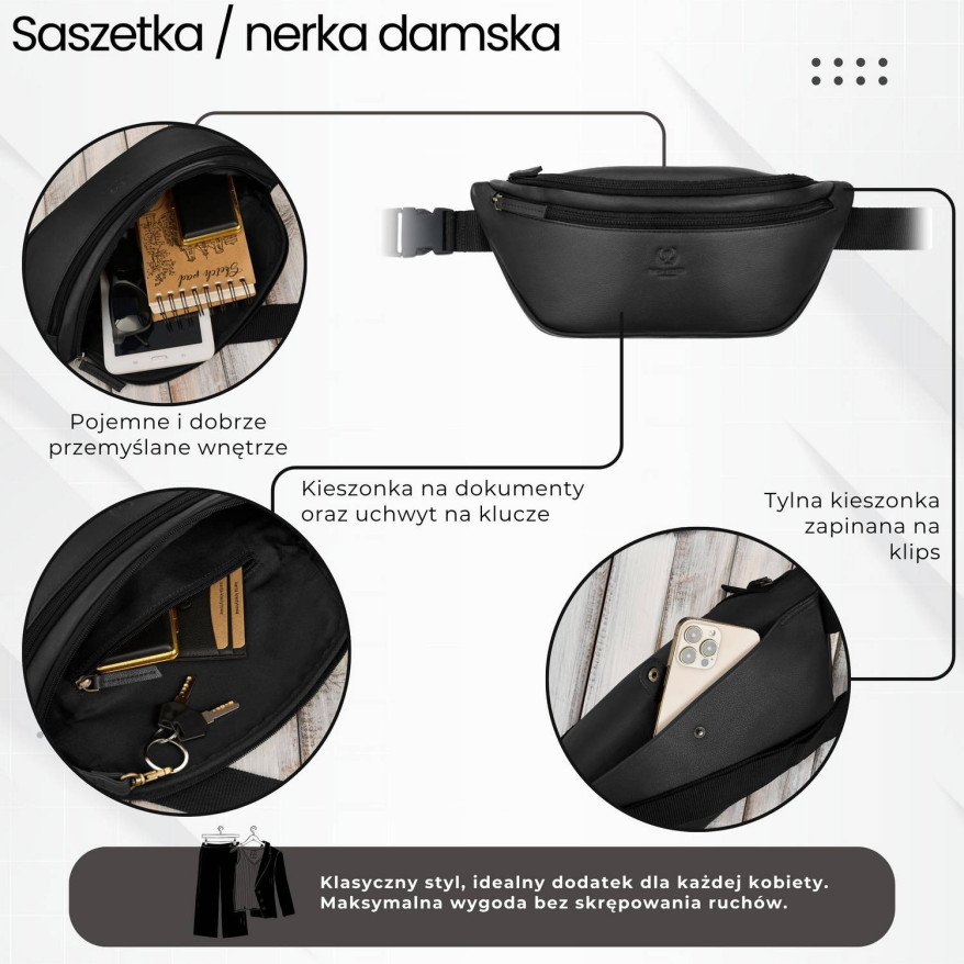 Saszetka nerka damska wielofunkcyjna duża klasyczna