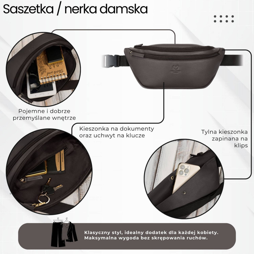 Saszetka nerka damska wielofunkcyjna duża klasyczna