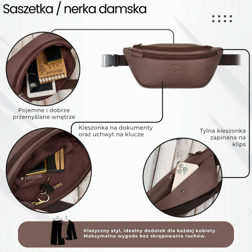 Saszetka nerka damska wielofunkcyjna duża klasyczna