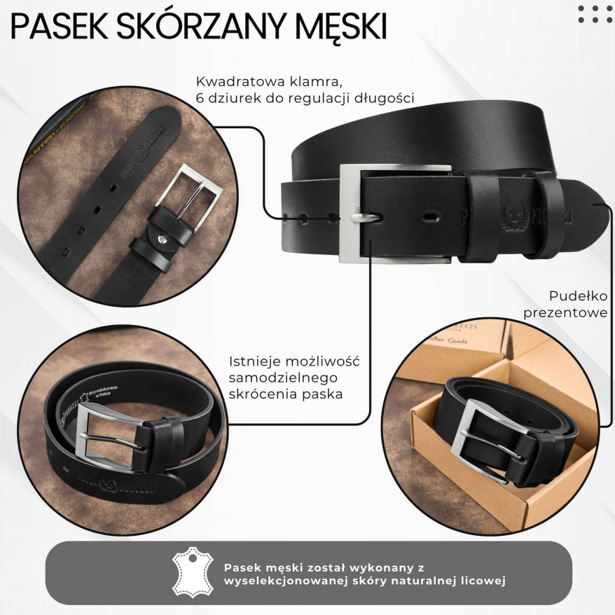 Pasek męski skórzany premium z klasyczną klamrą elegancki czarny 120 cm PG-08-BL-120