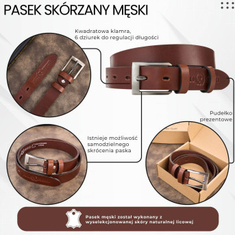 Pasek męski skórzany premium z klasyczną klamrą elegancki koniakowy 110 cm PG-09-CG-110
