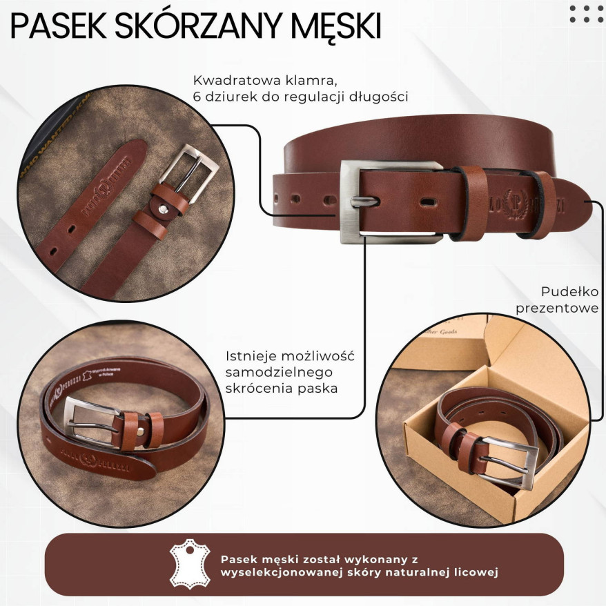 Pasek męski skórzany premium z klasyczną klamrą elegancki koniakowy 120 cm PG-09-CG-120