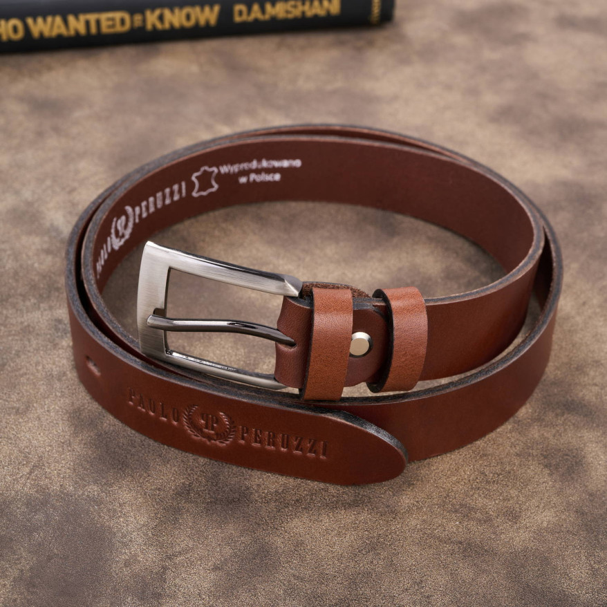 Pasek męski skórzany premium z klasyczną klamrą elegancki koniakowy 130 cm PG-09-CG-130