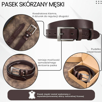 Pasek męski skórzany premium z klasyczną klamrą elegancki ciemnobrązowy 120 cm PG-09-DBR-120