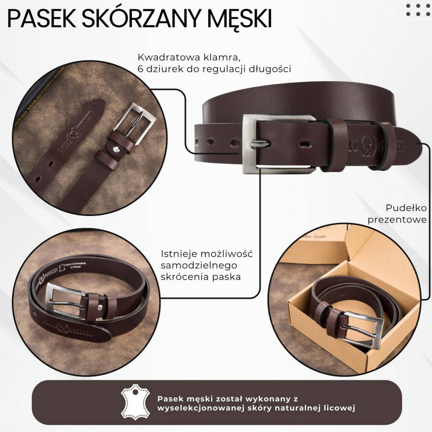 Pasek męski skórzany premium z klasyczną klamrą elegancki ciemnobrązowy 130 cm PG-09-DBR-130