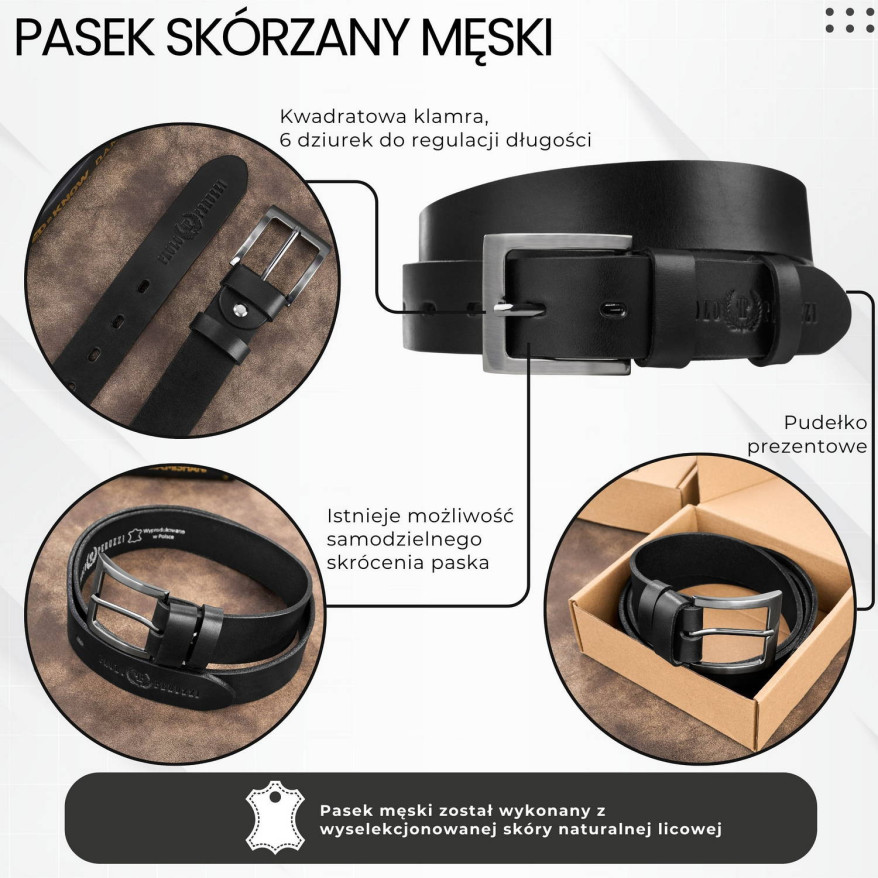 Pasek męski skórzany premium z klasyczną klamrą elegancki czarny 120 cm PG-10-BL-120
