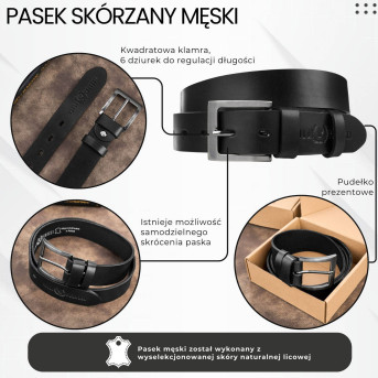 Pasek męski skórzany premium z klasyczną klamrą elegancki czarny 130 cm PG-10-BL-130