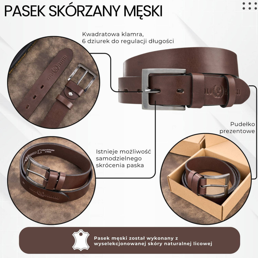 Pasek męski skórzany premium z klasyczną klamrą elegancki brązowy 110 cm PG-10-BR-110