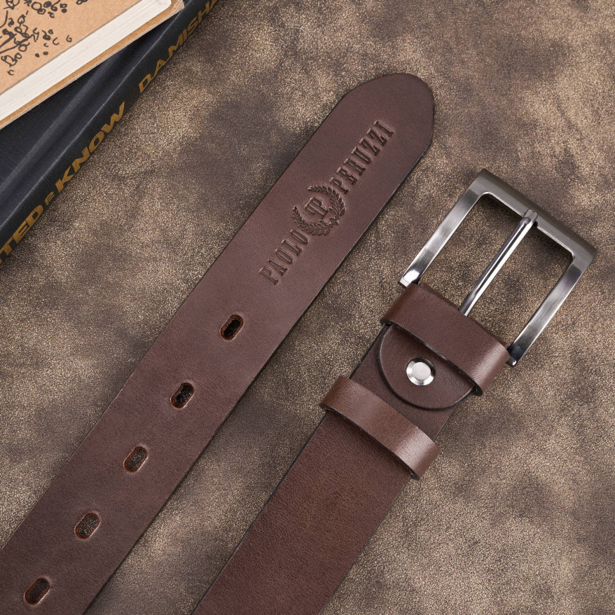 Pasek męski skórzany premium z klasyczną klamrą elegancki brązowy 110 cm PG-10-BR-110