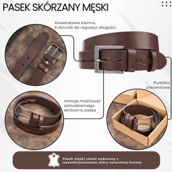 Pasek męski skórzany premium z klasyczną klamrą elegancki brązowy 130 cm PG-10-BR-130