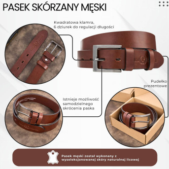 Pasek męski skórzany premium z klasyczną klamrą elegancki koniakowy 110 cm PG-10-CG-110