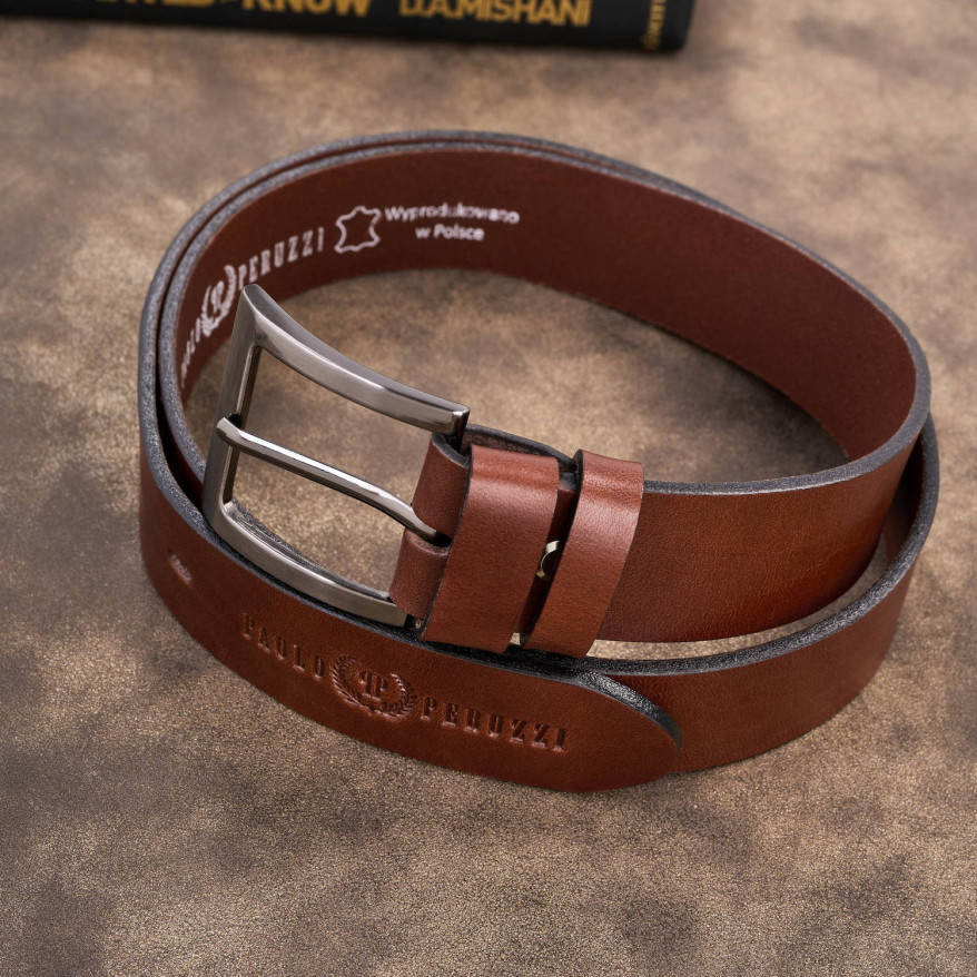 Pasek męski skórzany premium z klasyczną klamrą elegancki koniakowy 110 cm PG-10-CG-110