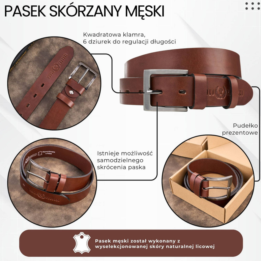 Pasek męski skórzany premium z klasyczną klamrą elegancki koniakowy 130 cm PG-10-CG-130