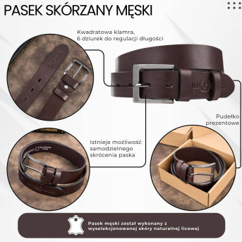 Pasek męski skórzany premium z klasyczną klamrą elegancki ciemnobrązowy 110 cm PG-10-DBR-110