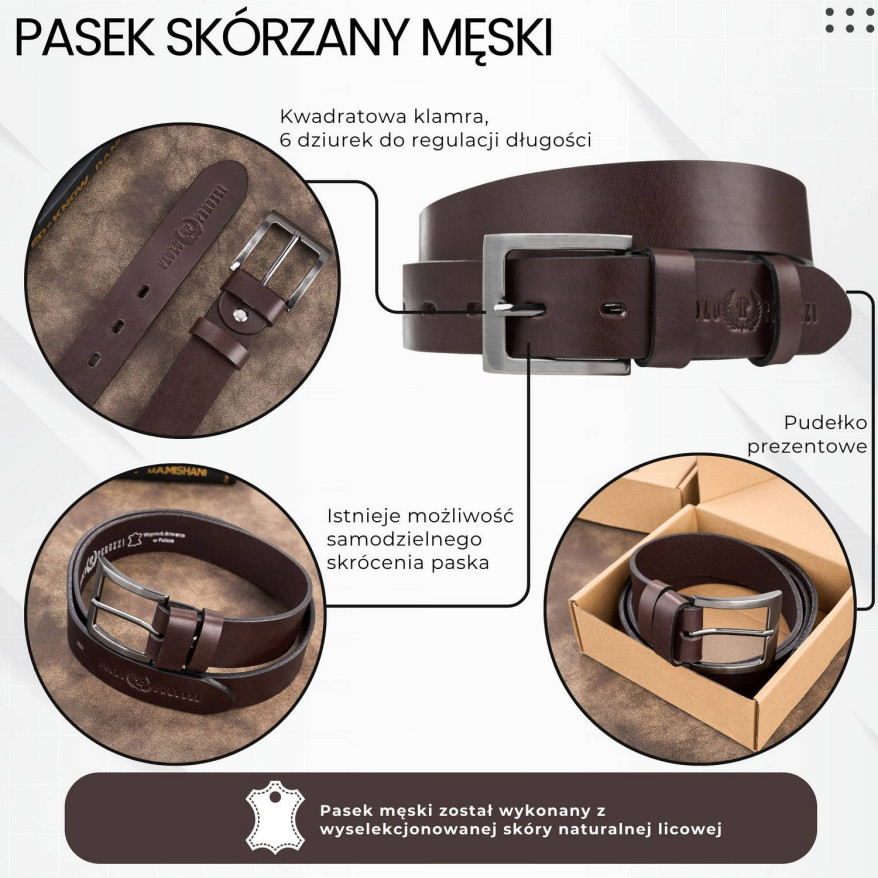 Pasek męski skórzany premium z klasyczną klamrą elegancki ciemnobrązowy 120 cm PG-10-DBR-120