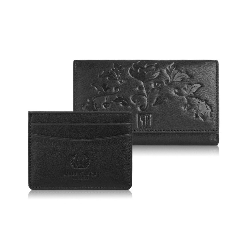 Zestaw prezentowy dla niej portfel damski w kwiaty T-45 i skórzane etui na karty T-151 ZUP-144-BL