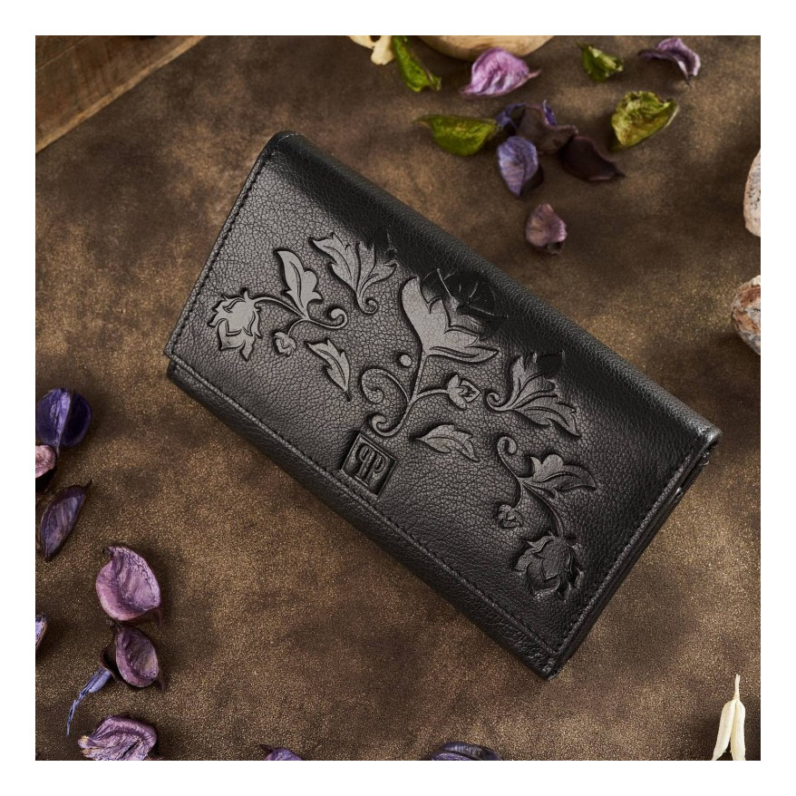 Zestaw prezentowy dla niej portfel damski w kwiaty T-45 i skórzane etui na karty T-151 ZUP-144-BL