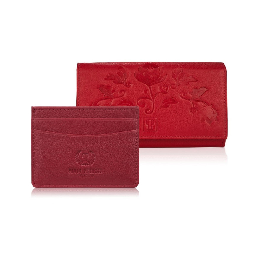 Zestaw prezentowy dla niej portfel damski w kwiaty T-45 i skórzane etui na karty T-151 ZUP-144-RD