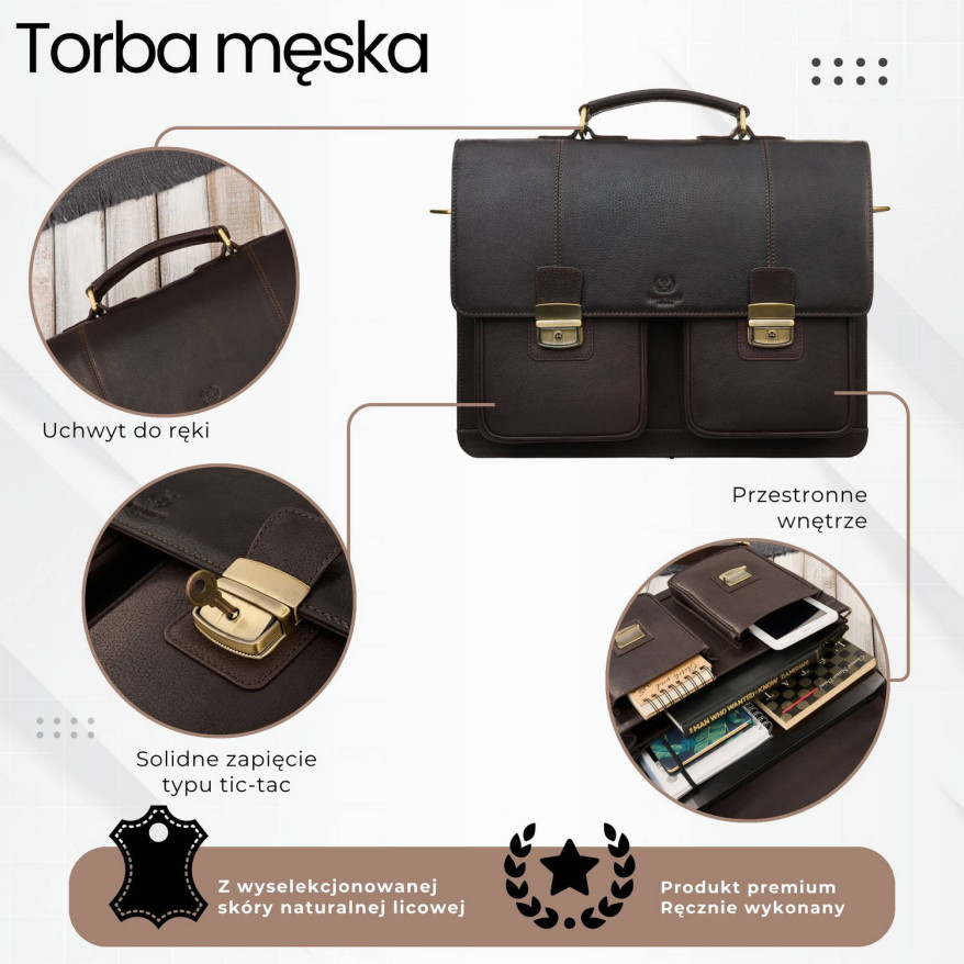 Teczka męska na dokumenty skórzana aktówka podróżna brązowa AY-03-BR