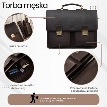 Teczka męska na dokumenty skórzana aktówka podróżna brązowa AY-03-BR