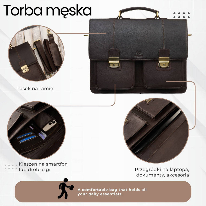 Teczka męska na dokumenty skórzana aktówka podróżna brązowa AY-03-BR