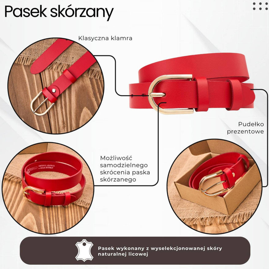 Pasek damski skórzany czerwony 110 cm ze złotą klamrą PG-01-RD-110