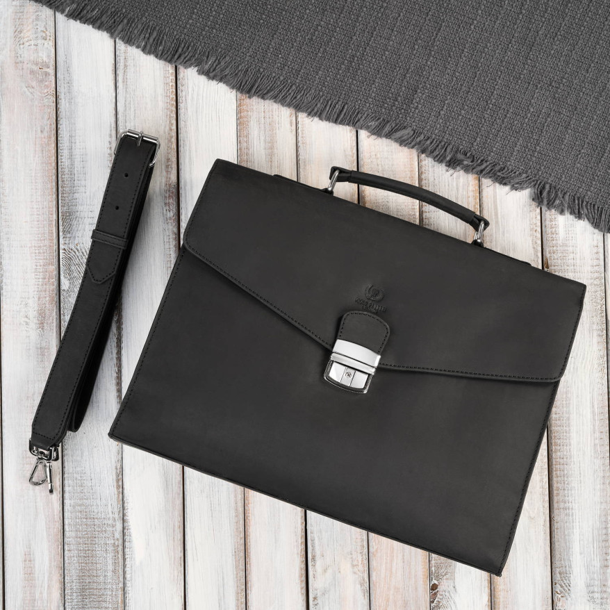 Męska skórzana aktówka czarna na dokumenty teczka na ramie z kluczykiem vintage T-146-HBL