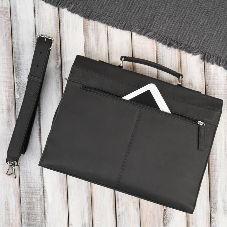 Męska skórzana aktówka czarna na dokumenty teczka na ramie z kluczykiem vintage T-146-HBL
