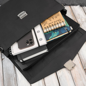 Męska skórzana aktówka czarna na dokumenty teczka na ramie z kluczykiem vintage T-146-HBL