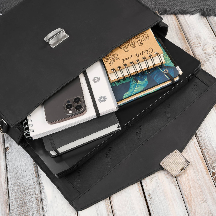 Męska skórzana aktówka czarna na dokumenty teczka na ramie z kluczykiem vintage T-146-HBL