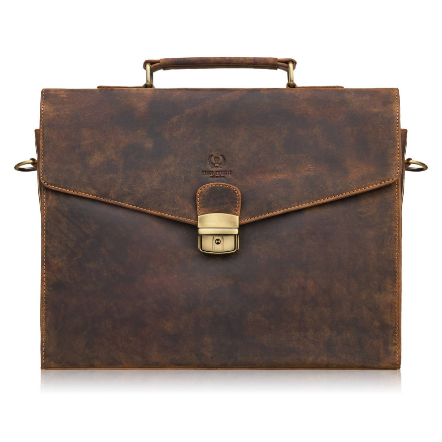 Męska skórzana aktówka brązowa na dokumenty teczka na ramie z kluczykiem vintage T-146-HBR