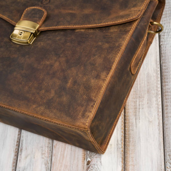 Męska skórzana aktówka brązowa na dokumenty teczka na ramie z kluczykiem vintage T-146-HBR