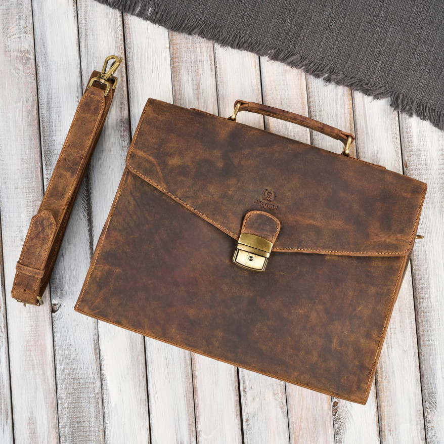 Męska skórzana aktówka brązowa na dokumenty teczka na ramie z kluczykiem vintage T-146-HBR