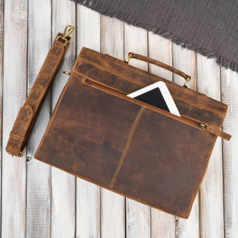 Męska skórzana aktówka brązowa na dokumenty teczka na ramie z kluczykiem vintage T-146-HBR