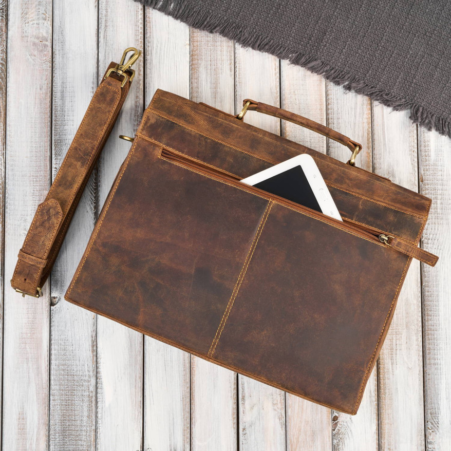 Męska skórzana aktówka brązowa na dokumenty teczka na ramie z kluczykiem vintage T-146-HBR