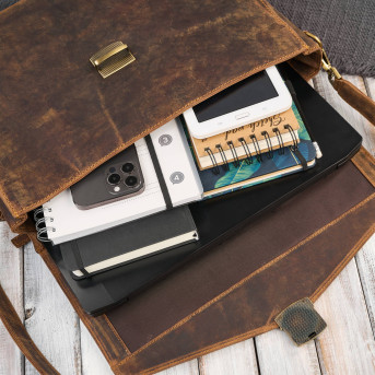 Męska skórzana aktówka brązowa na dokumenty teczka na ramie z kluczykiem vintage T-146-HBR