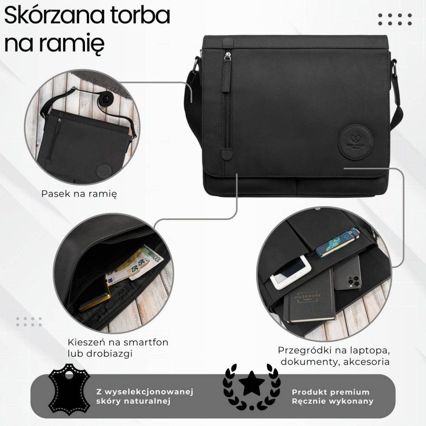 Męska czarna torba na ramie ze skóry naturalnej vintage T-147-HBL