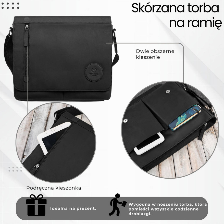 Męska czarna torba na ramie ze skóry naturalnej vintage T-147-HBL