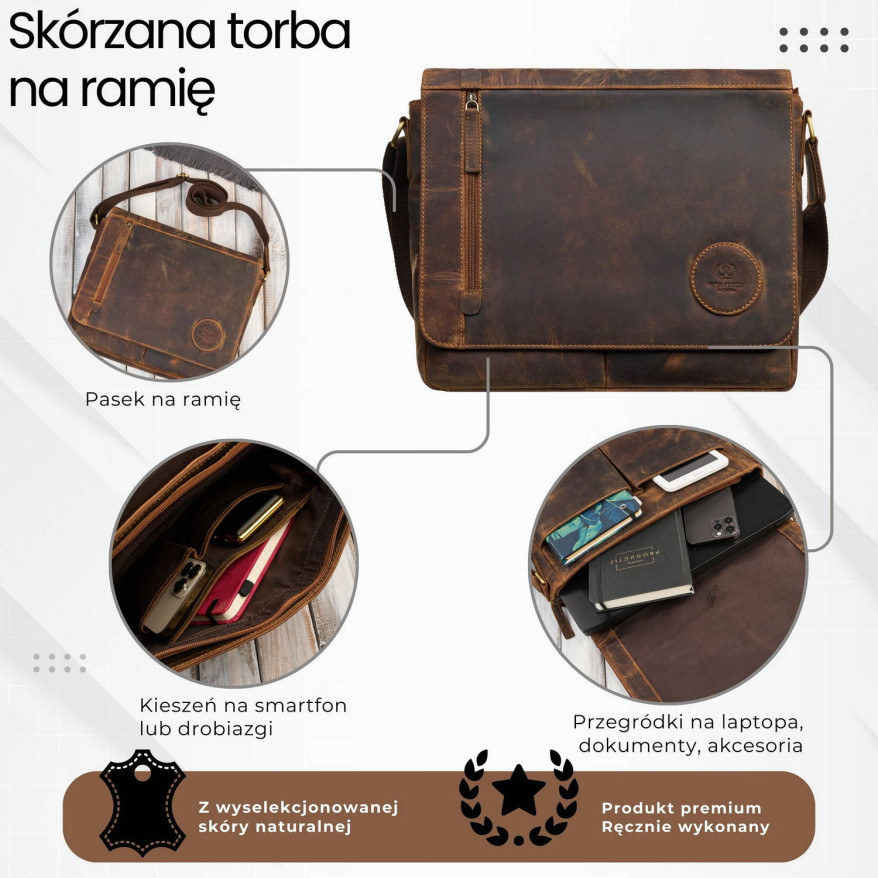 Męska brązowa torba na ramie ze skóry naturalnej vintage T-147-HBR