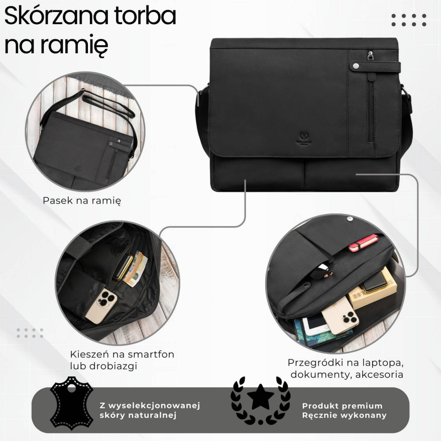 Męska czarna skórzana torba na ramie na laptopa vintage T-148-HBL