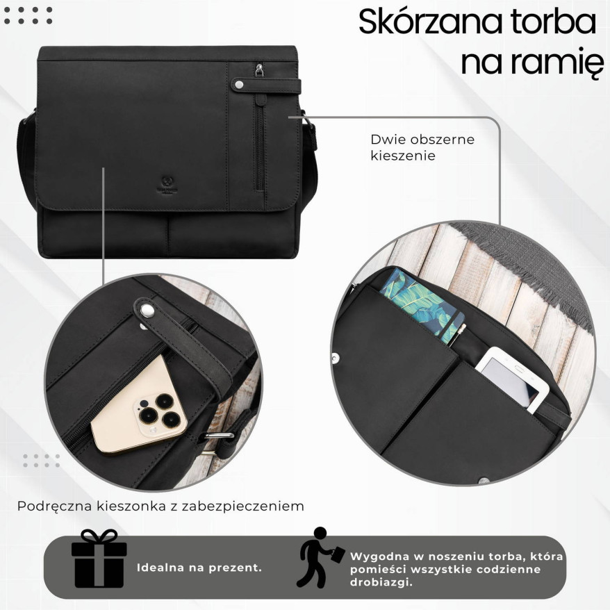 Czarna Skórzana Torba na Laptopa 15,6" Paolo Peruzzi T-148-HBL