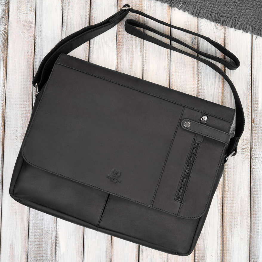 Męska czarna skórzana torba na ramie na laptopa vintage T-148-HBL