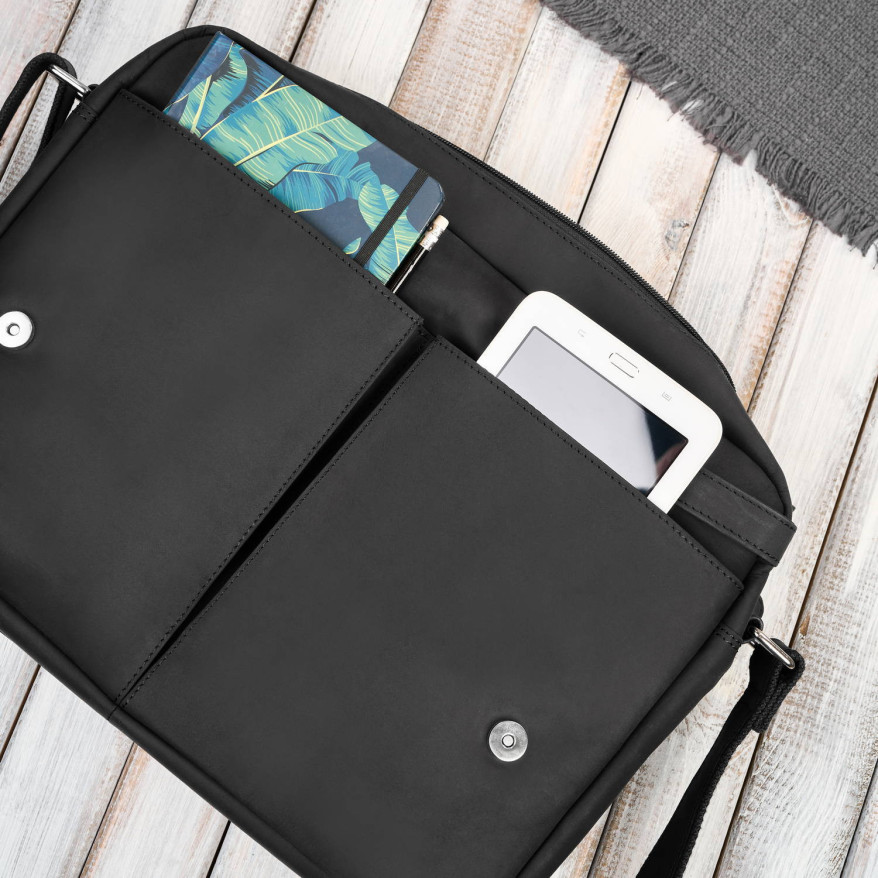 Męska czarna skórzana torba na ramie na laptopa vintage T-148-HBL