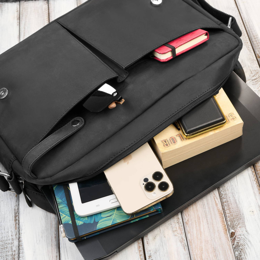 Męska czarna skórzana torba na ramie na laptopa vintage T-148-HBL