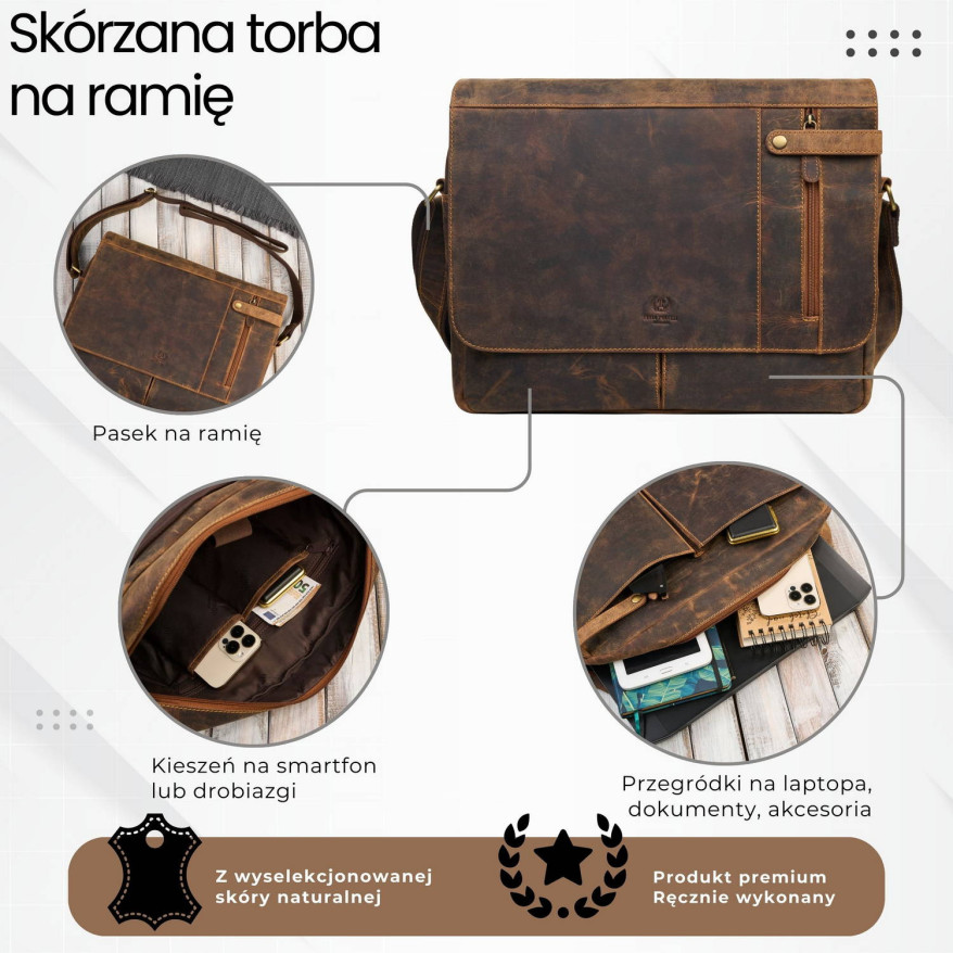 Brązowa Skórzana Torba na Laptopa 15,6" Paolo Peruzzi T-148-HBR
