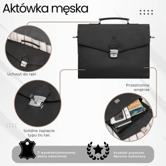 Męska skórzana aktówka czarna na dokumenty teczka na ramie z kluczykiem vintage T-146-HBL