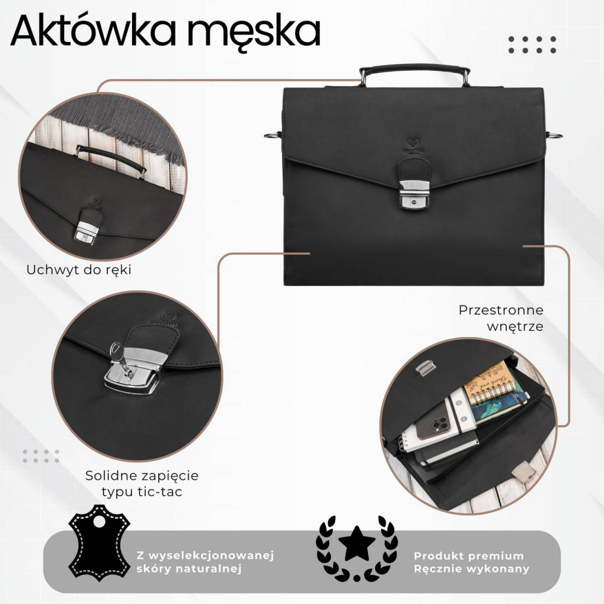 Męska skórzana aktówka czarna na dokumenty teczka na ramie z kluczykiem vintage T-146-HBL