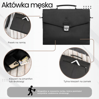 Męska skórzana aktówka czarna na dokumenty teczka na ramie z kluczykiem vintage T-146-HBL