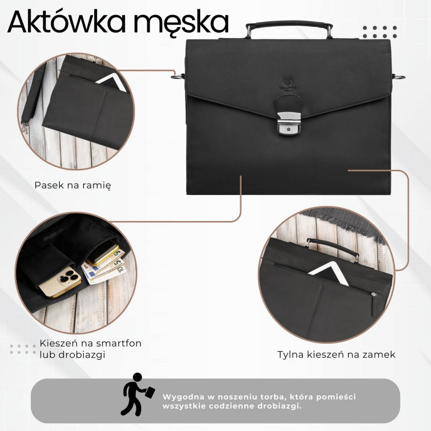 Męska skórzana aktówka czarna na dokumenty teczka na ramie z kluczykiem vintage T-146-HBL