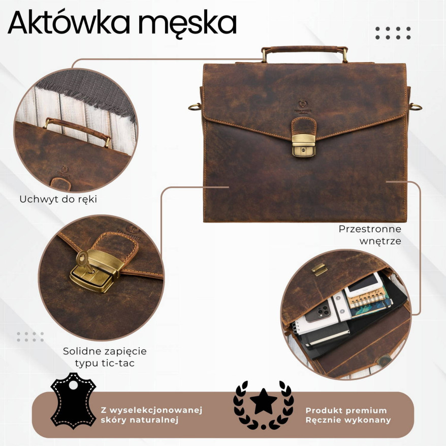 Męska skórzana aktówka brązowa na dokumenty teczka na ramie z kluczykiem vintage T-146-HBR
